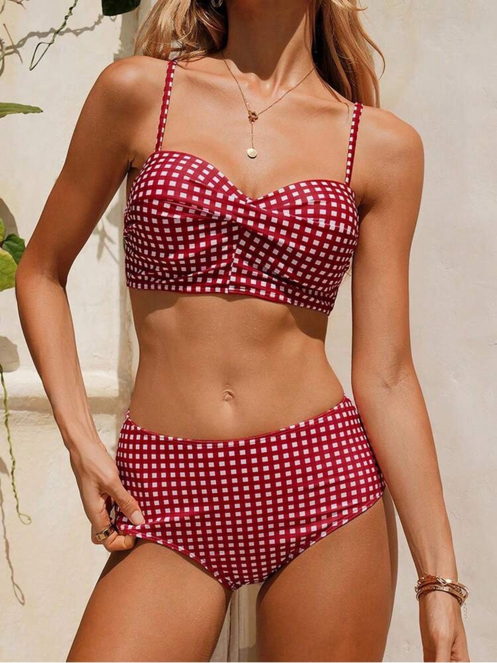 Classic Red Gingham High-Waist Bikini Set